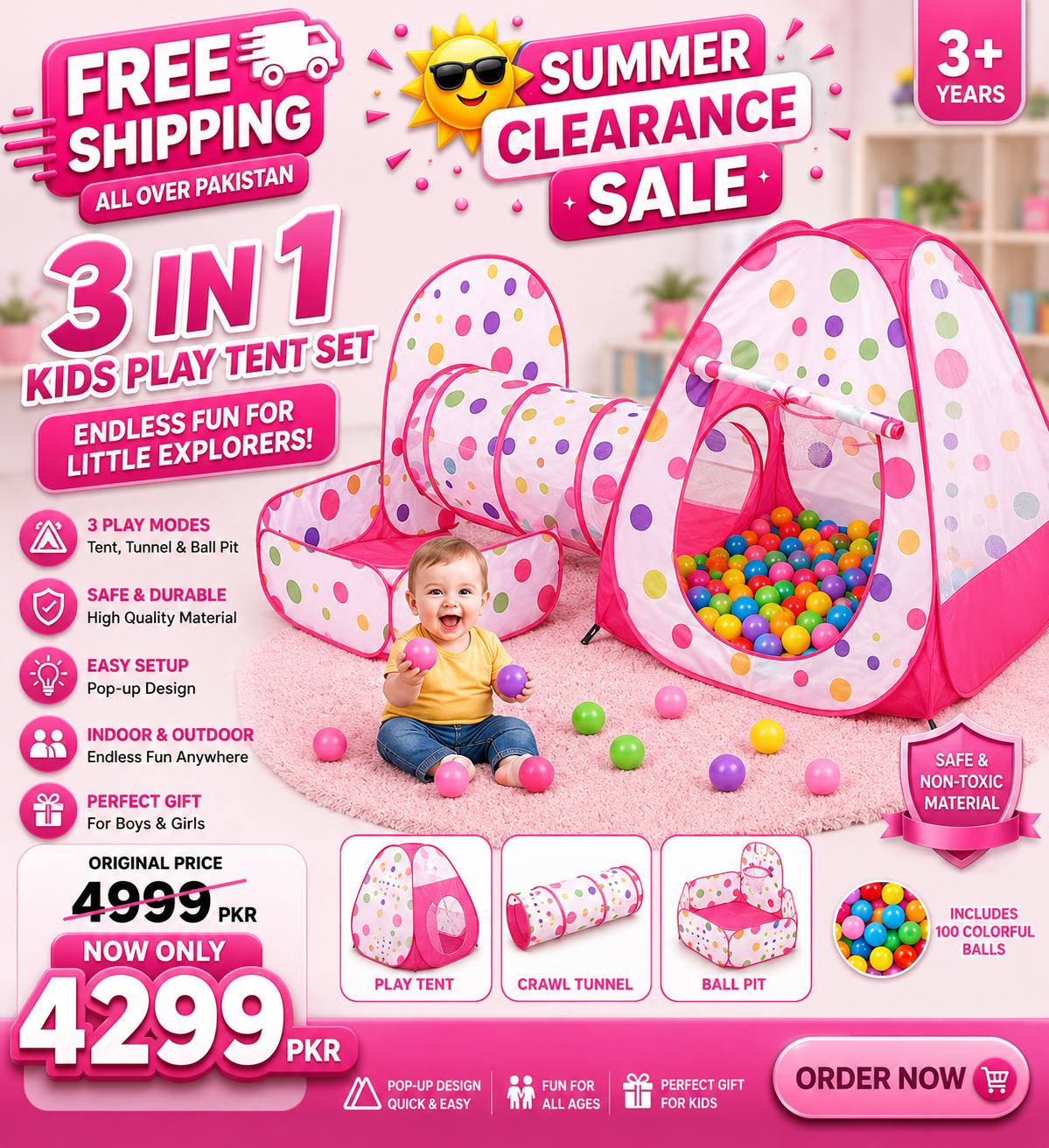 Nice baby 3 In1 Set Kids Play Tent Play Tunnel, Pop Up Castle Tunnel Crawl Playhouse Toddlers (Copy)