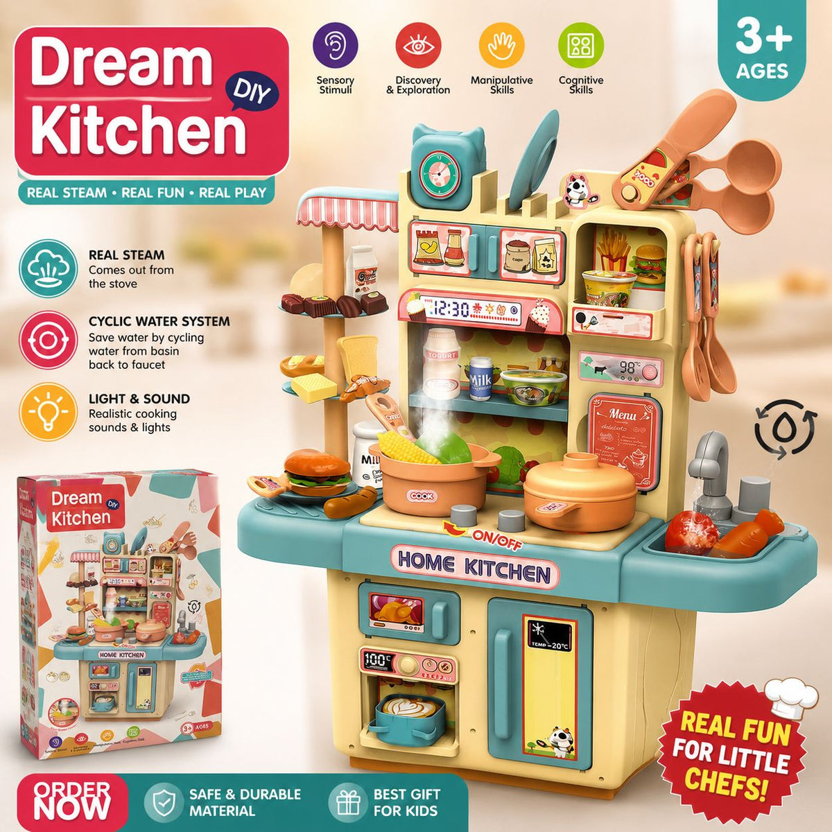Dream Kitchen Kids Play Set – Real Steam Toy Kitchen | Age 3+