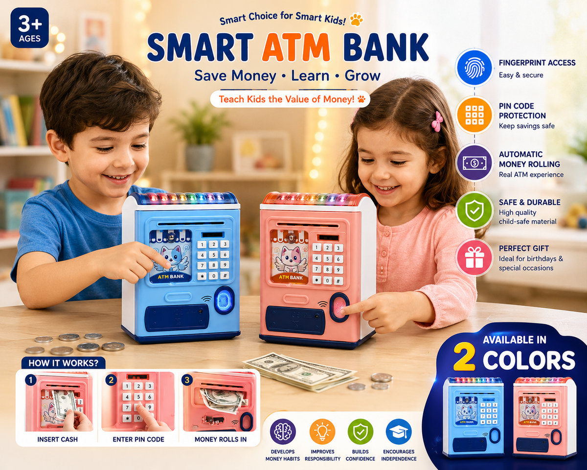 Kids Smart ATM Bank – Fingerprint &amp; PIN Code Money Saving Toy