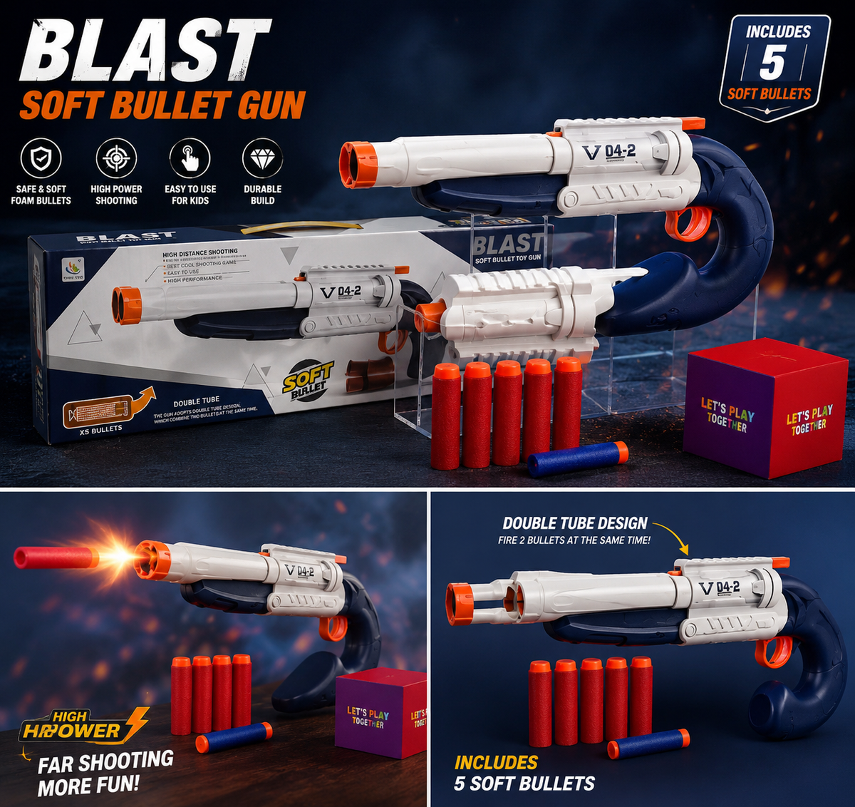 BLAST Soft Bullet Gun – Double Tube Foam Dart Blaster Toy